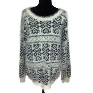 Nostalgia NEW Ivory & Black Soft Cozy Fuzzy Pullover Sweater Aztec Print Large